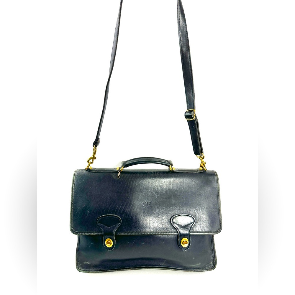 Jack Georges Vintage Black Leather Briefcase Messenger Bag Y2K Brass TurnLocks